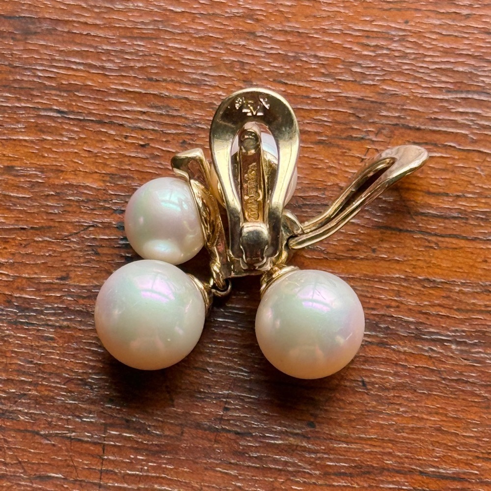 Majorica Pearl & Yellow Gold over Sterling Silver Dangle Drop Clip On Earrings - Picture 6 of 15